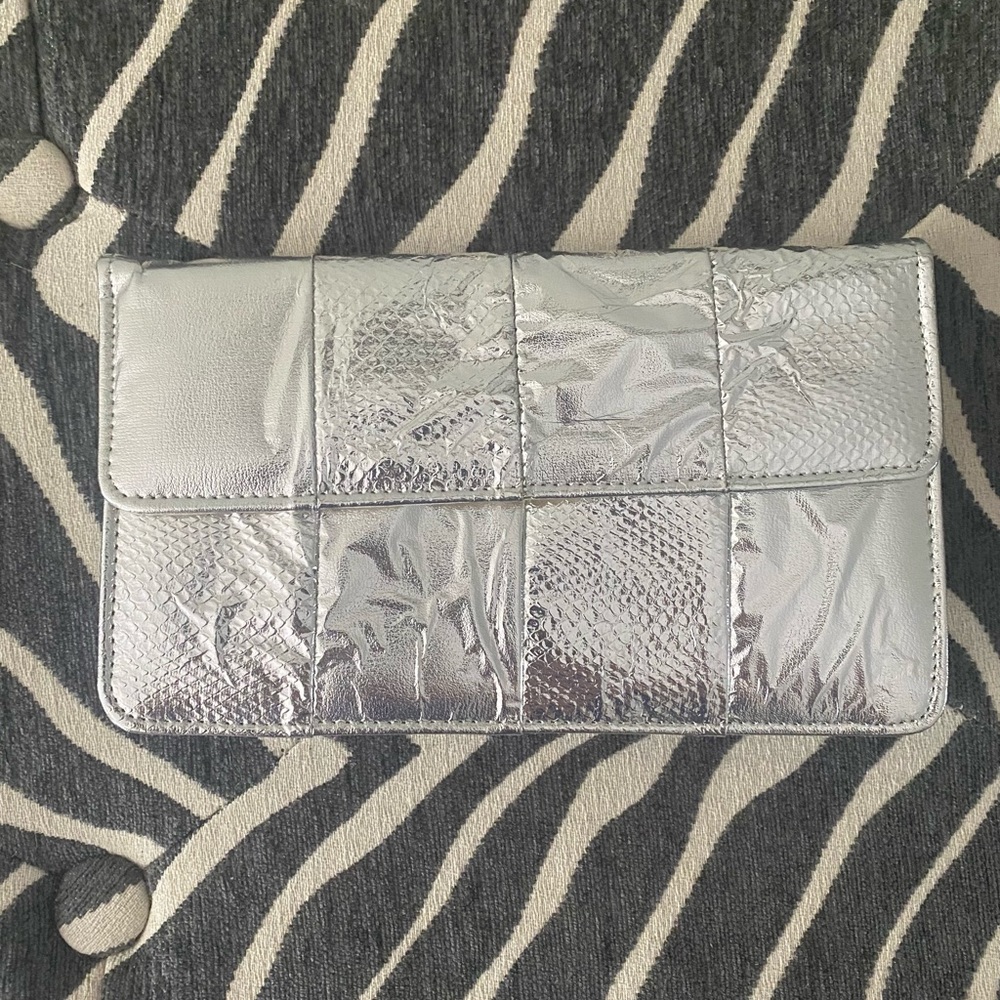 Vintage silver foil clutch with snap closure
